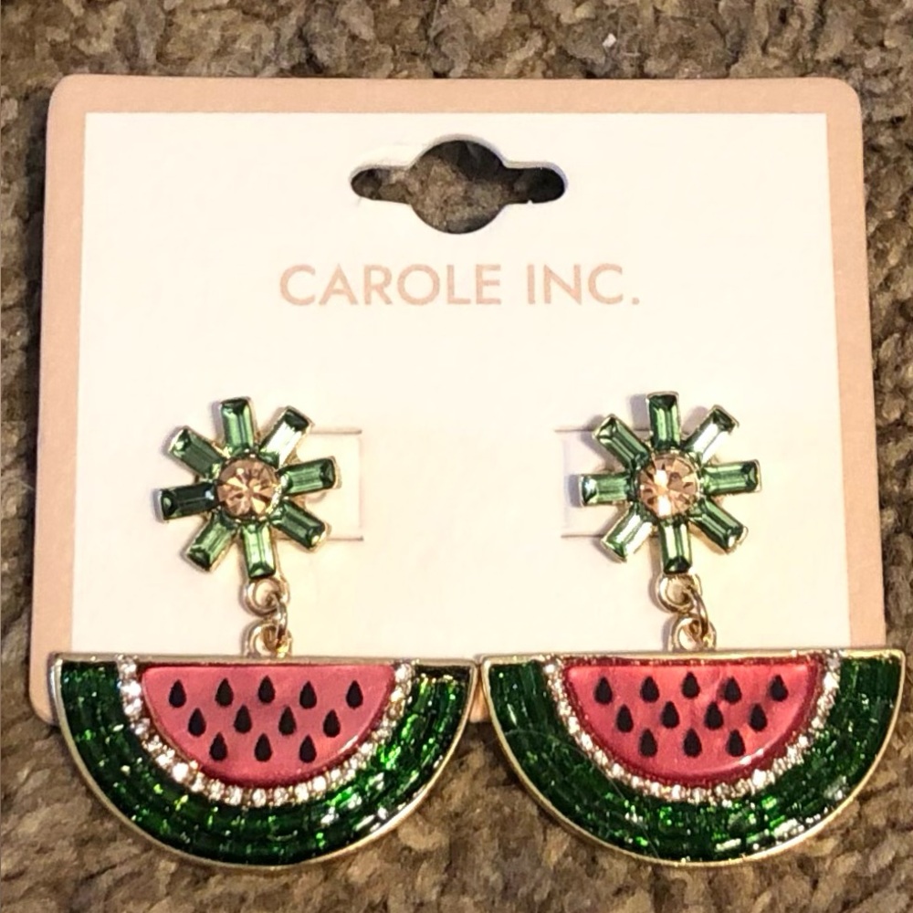 NEW-Watermelon 🍉 Dangle Post Earrings-Pink & Green-Rhinestone & Goldtone Accents